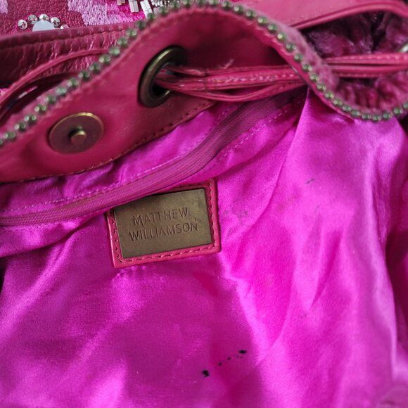 MATTHEW WILLIAMSON Pink Vibrant Round Drawstring Velvet Shoulder Bag - Picture 11 of 14
